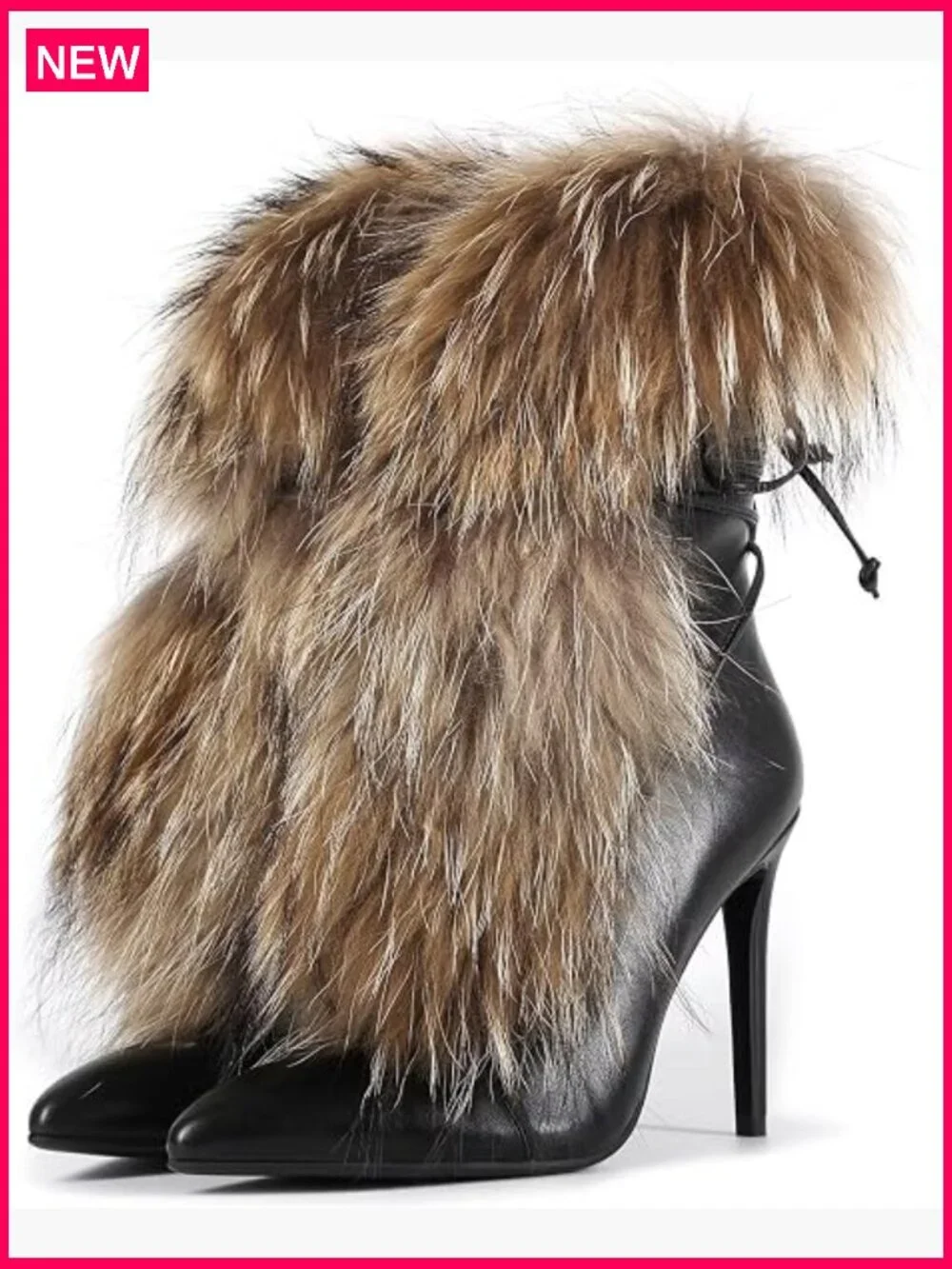 Handmade Stiletto Ankle Booties, Furry Fluffy Fur Lace-Up Heeled Boots
